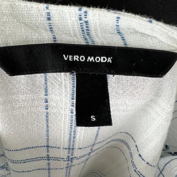 VERO MODA White & Blue Estella Long Sleeve Check Embroidered Top Popover S - Picture 6 of 7